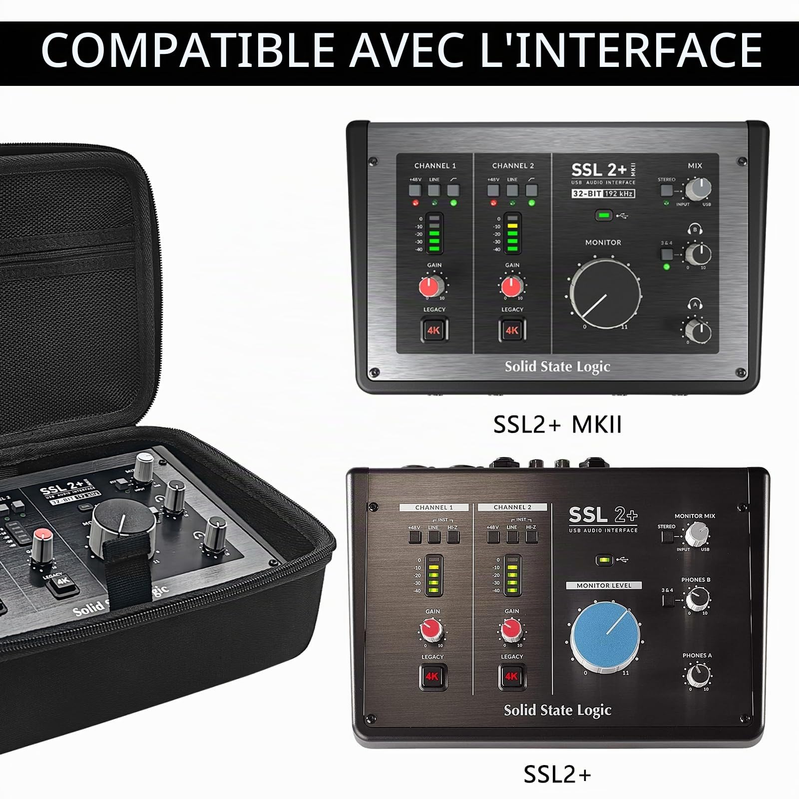 Musiin Étui Rigide Compatible avec Les interfaces SSL 2 ou 2+ et SSL2 MKII et 2+ MKII Housse d'interface Audio, étui de Transport de Protection (Noir)