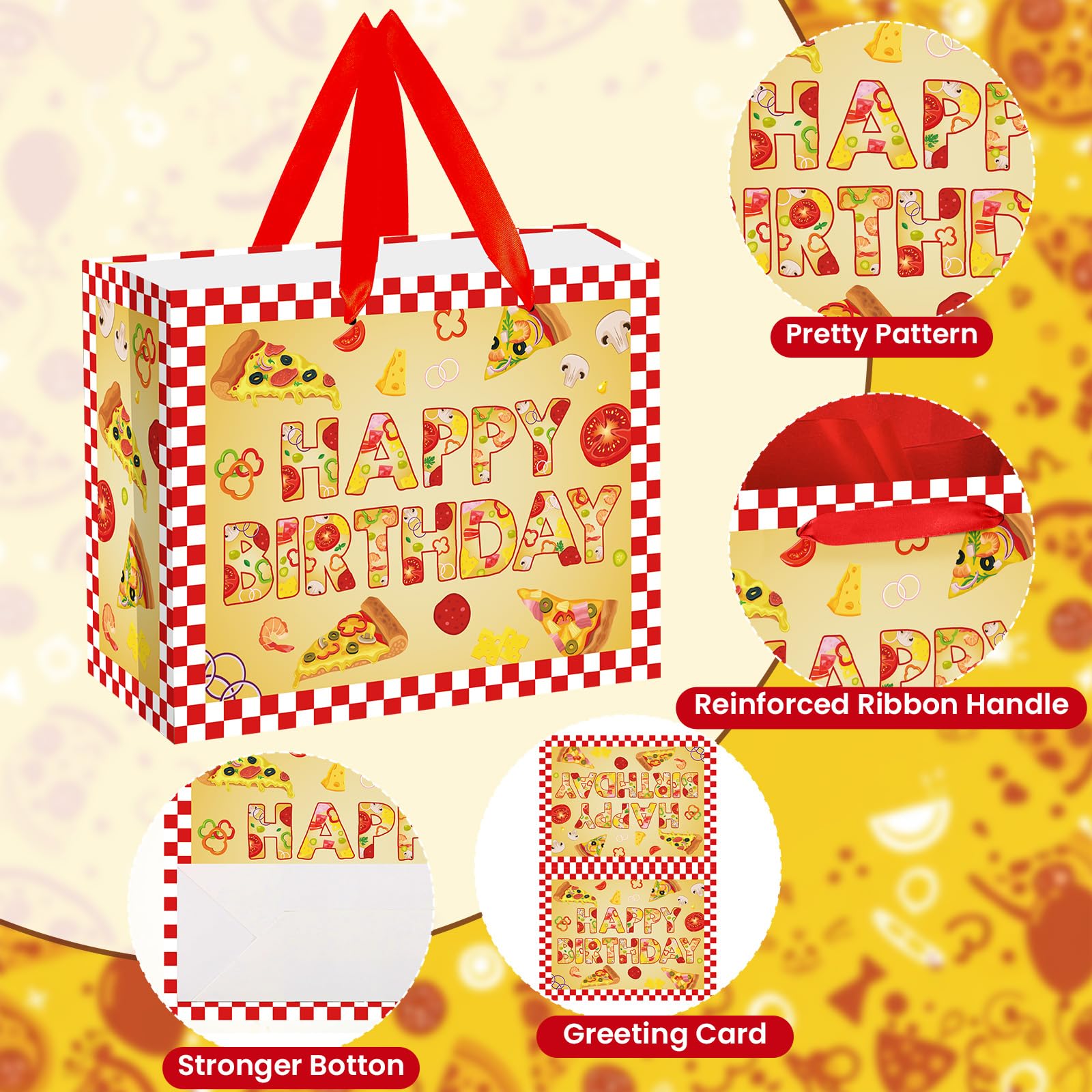 Woosytoo Pizza Birthday Decorations Bag Large Pizza Happy Birthday Paper Bag with Tissue Paper Card Pizza Bday Party Supplies for Kids Festival Bday Cooking Italy Theme Party Supplies