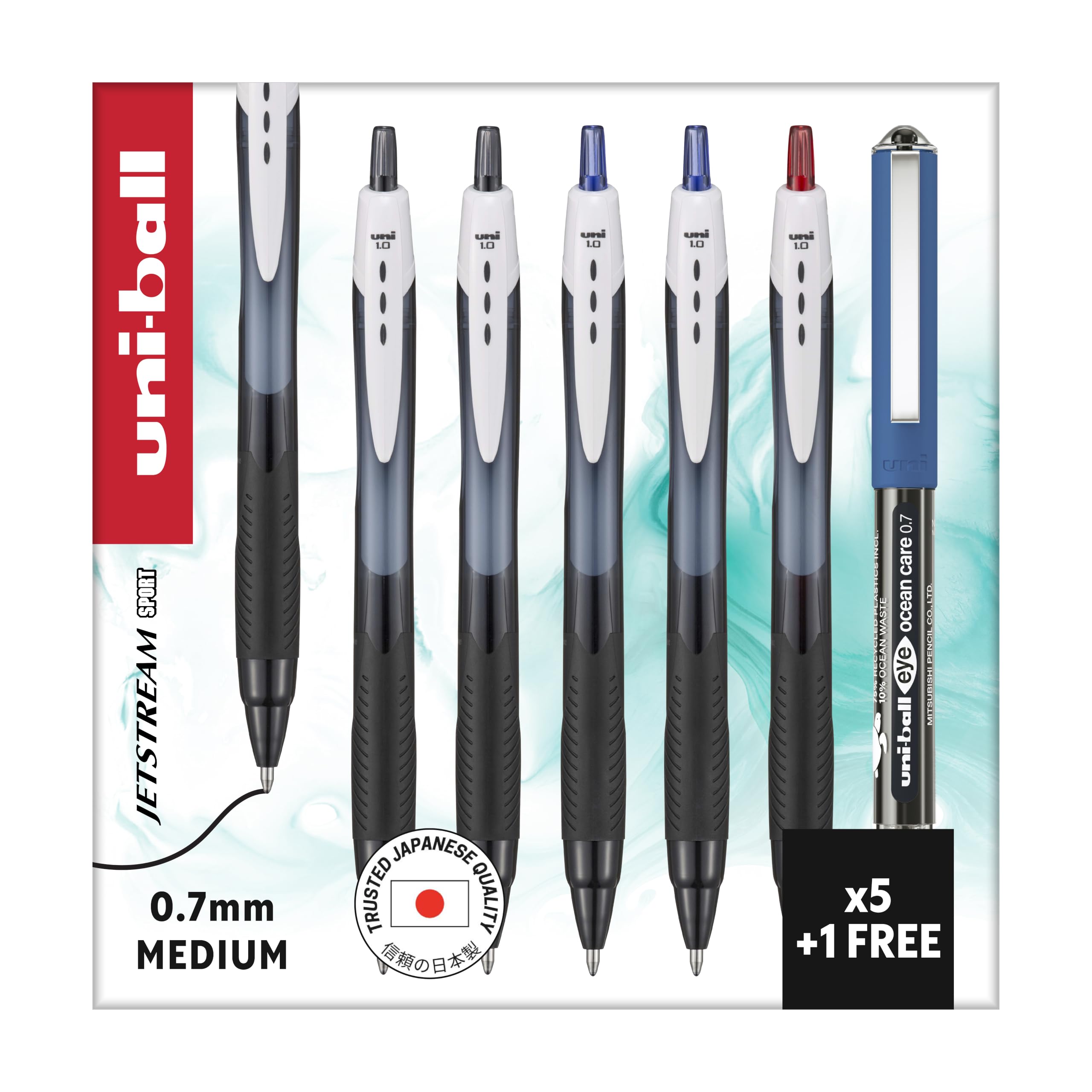 uni-ball Jetstream Sport Pens, 0.7 mm, Assorted (5-Pack + 1 Free Eye)