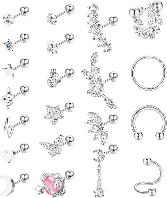 Kakonia 21Pcs 16G Cartilage Earrings Stud for Women Men 316L Stainless Steel Helix Stud Earrings Tragus Daith Conch Piercing Jewellery Nose Lip Clicker Ring CZ Barbell Stud Piercings Jewellery