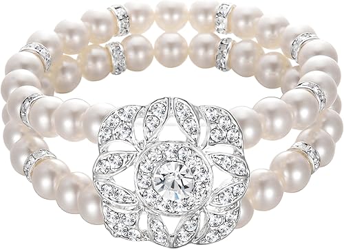 BriLove Pulsera elástica vintage con halo de doble hilera de perlas de imitación de cristal para boda para mujer