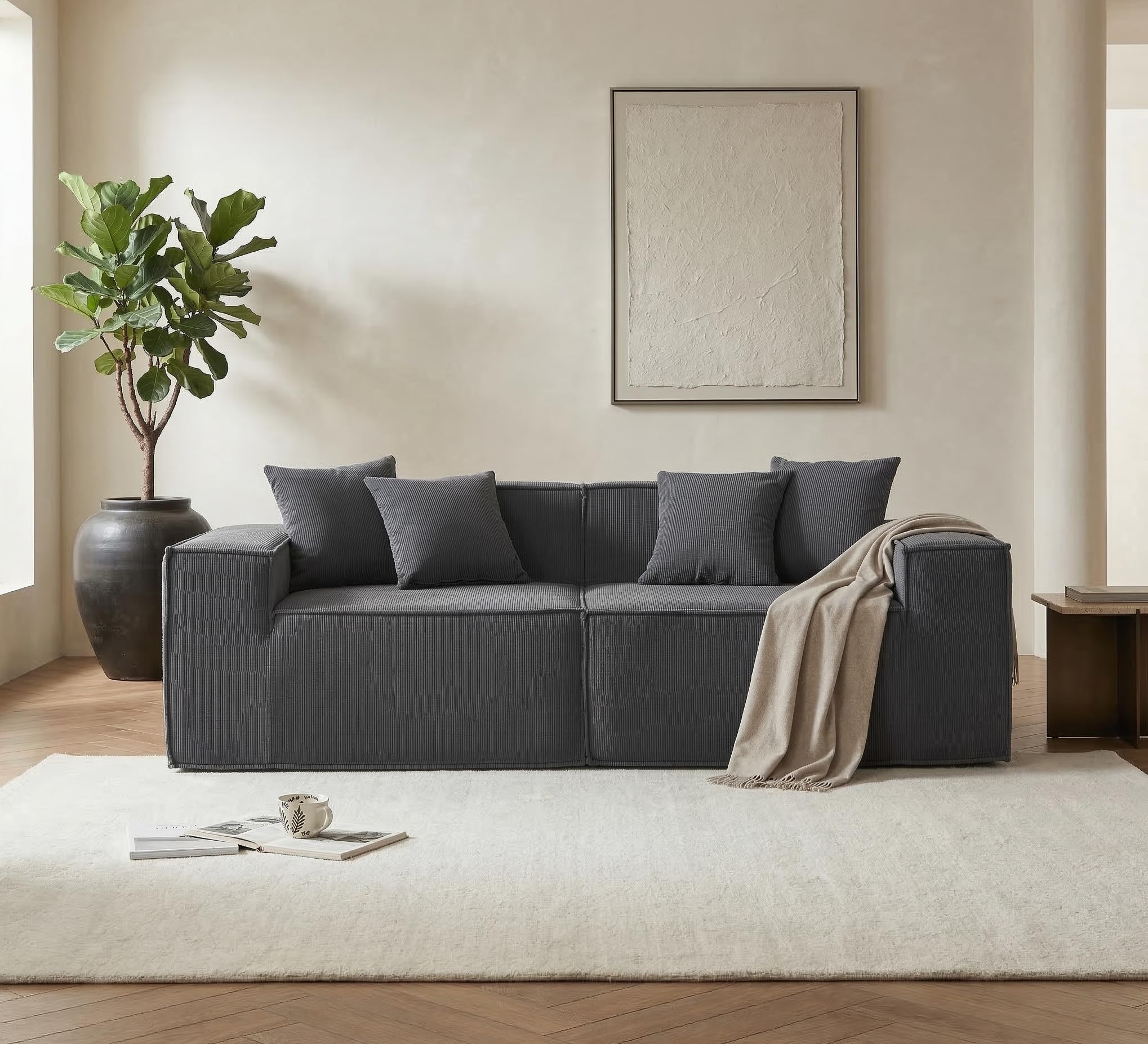 Sofá Cube Modular Espuma Comprimida al vacío envío en Caja Sin Montaje (Pana Gris, Sofá 2 Piezas)