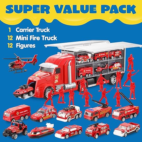 Miniatura 6 de JOYIN Juego de 25 piezas de vehículos de construcción fundidos a presión con 25 piezas de rescate de emergencia camión de bomberos, camión de