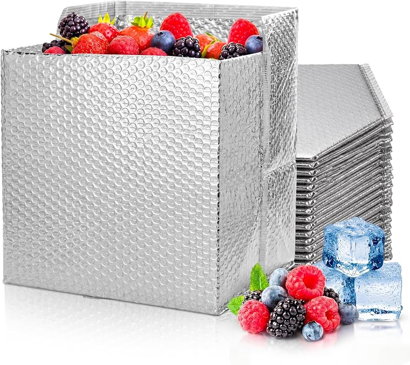 Paquete de 20 bolsas de envío aisladas de 12 x 12 x 12 pulgadas, bolsas de envío plateadas de papel de burbuja térmica reflectante autosellante con fondo plano para alimentos congelados, productos perecederos y productos farmacéuticos