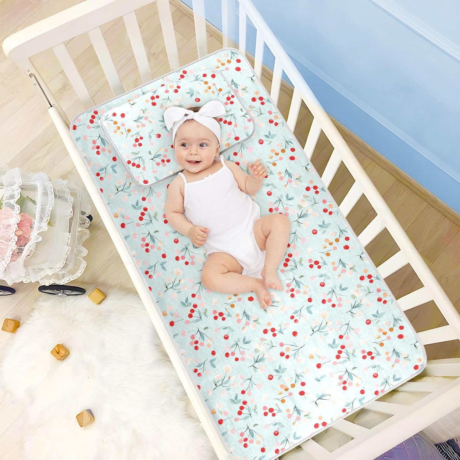 Cute Cartoon Cherry Soft Blue Cooling Baby Mattress pad Cover 28" x 52" Breathable Pads for Bed Washable for Toddler