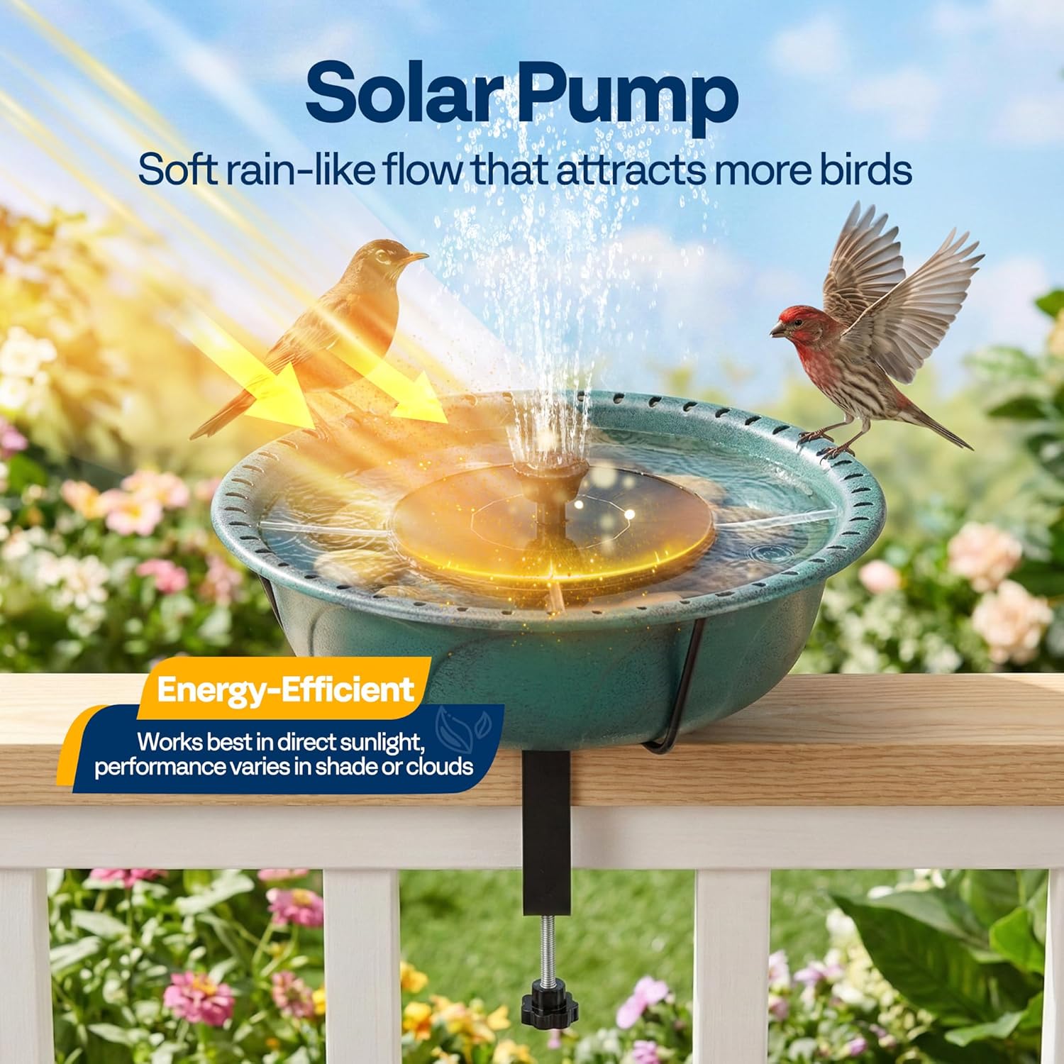 VIVOHOME Deck Mounted Bird Bath with Solar Fountain, Outdoor ABS Birdbath Bowl with Adjustable Metal Clamp, Solar Powered Pump for Railing, Fence, Balcony, 1.45 Gallons, Green