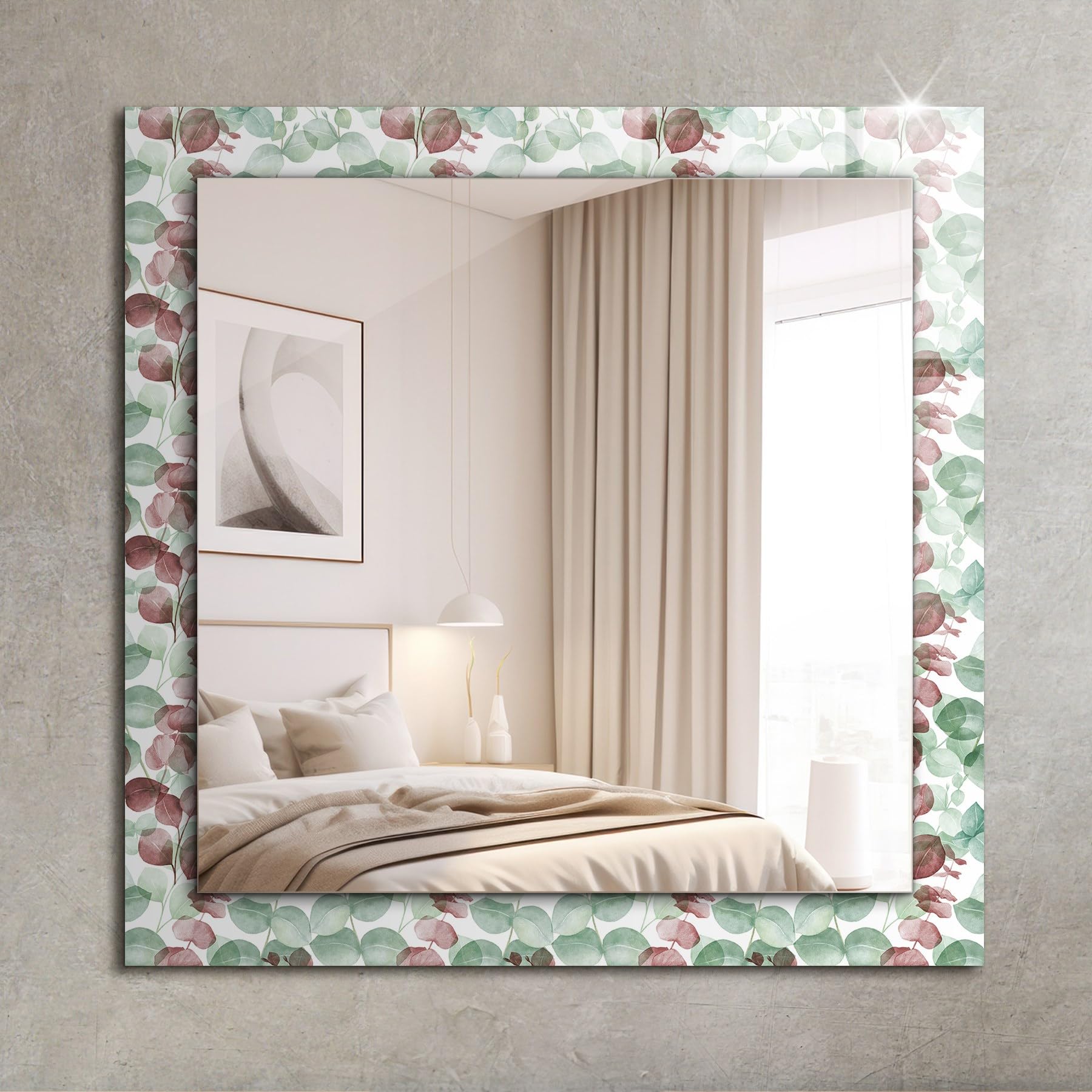 Stylowe lustro ścienne prostokątne 60 x 60 cm (23,6 cala x 23,6 cala) | czyste szklane obramowanie z nadrukiem - liście akwareli