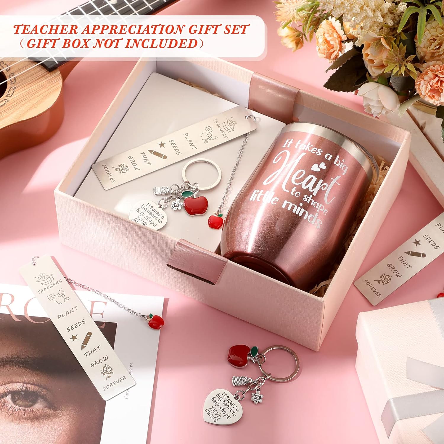 Skylety 24 Pcs End of Year Teacher Appreciation Gift Bulk 12 oz Wine Tumbler with Straw and Lid Brush Thank You Gift with Keychains Bookmark for Teacher Back to School(Rose Gold)