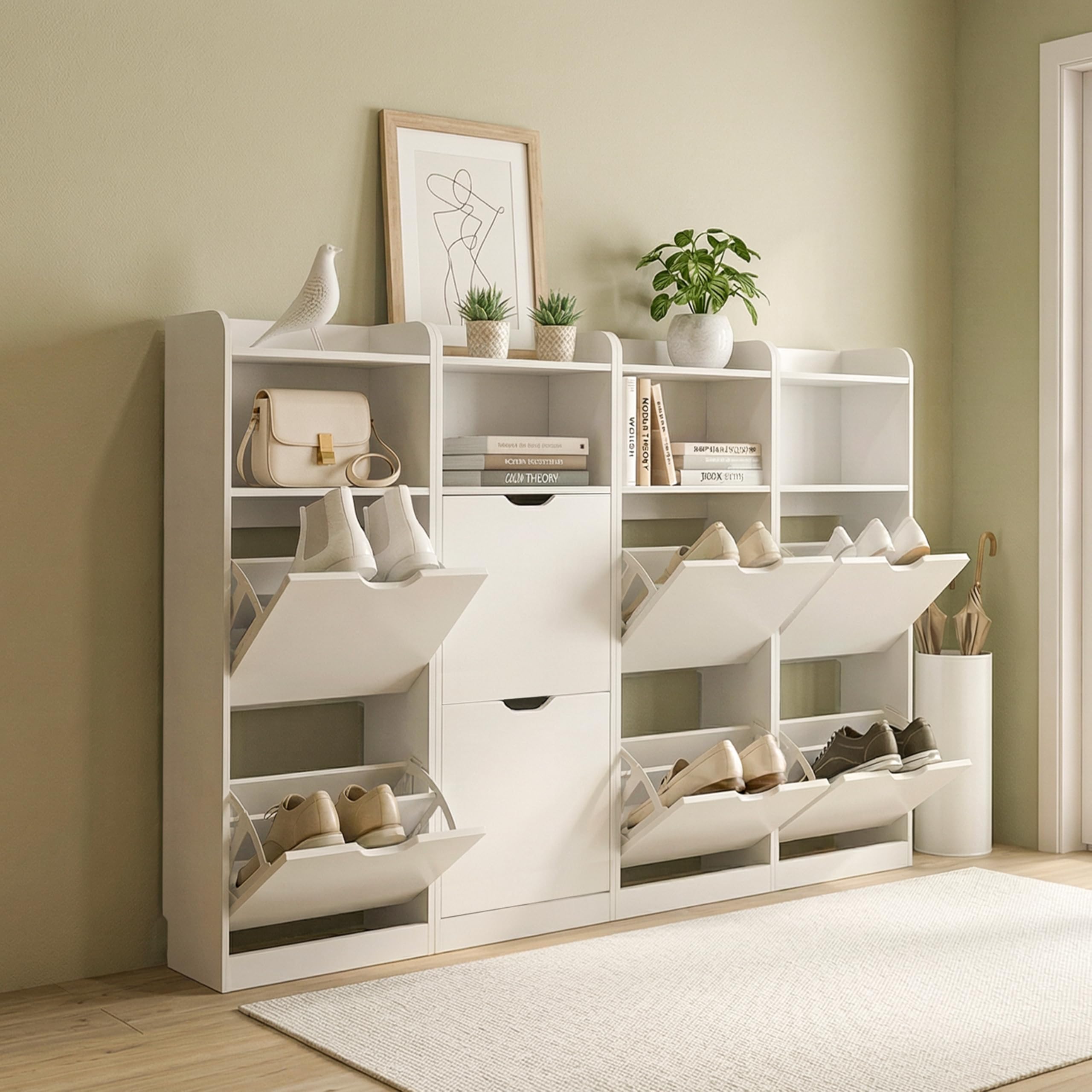 Yaheetech Schuhschrank 4 Klappen, Schuhkipper Schuhregal mit Offenen Fächern, Schuhablage Schmal für Eingang, Flur, Wohnzimmer, 100 × 17 × 108,5 cm, Weiß