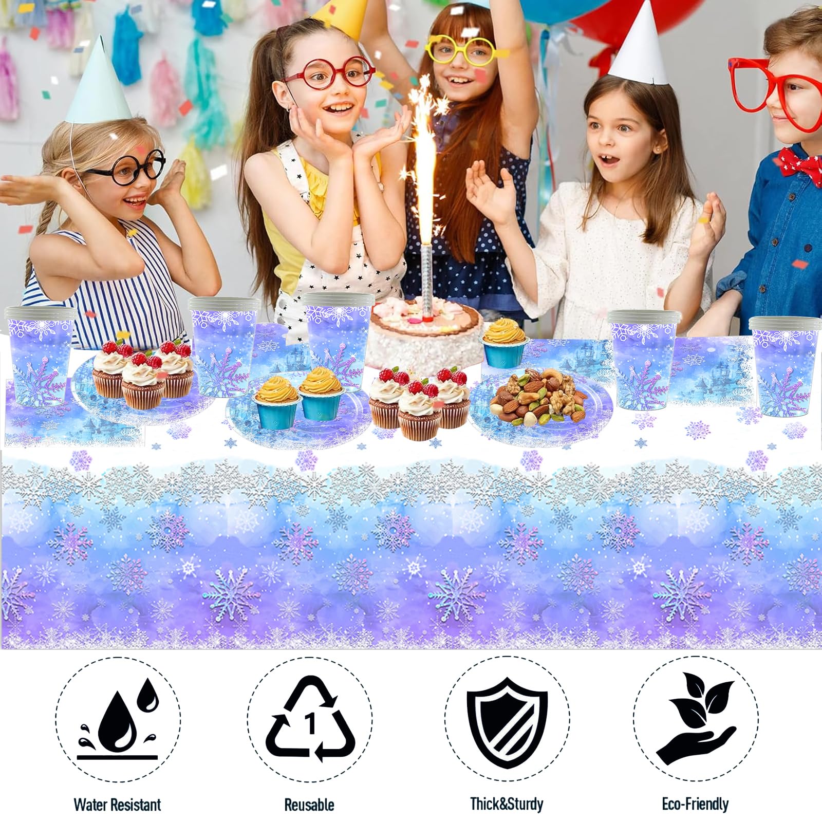 Frozen Stoviglie per feste, 61 pezzi Fiocchi di neve Stoviglie per compleanni per bambini, Tema neve e ghiaccio Set di piatti di carta per feste, Compresi bicchieri, tovaglioli e tovaglie