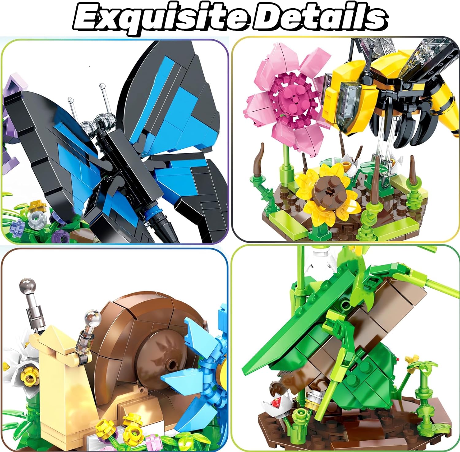 Ideas Insect Collection Toy Building Sets, 4 Butterfly Mantis Bee Snail with Flowers Nature Display Models for Home Decor, Fun Bug Gift for Animals Lovers Woman Teens Adults
