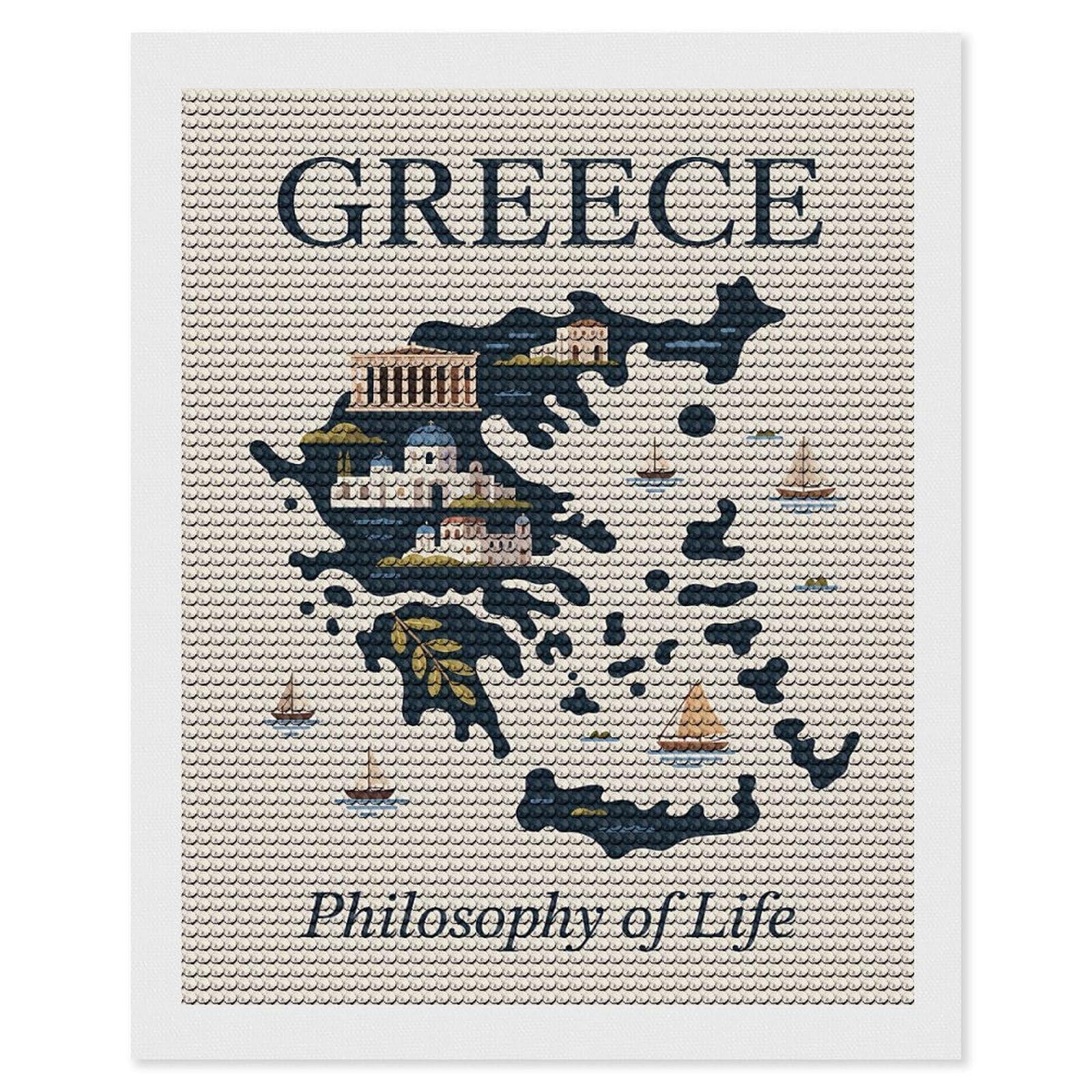 Junmoney Greece Philosophy of Life Map Diamond Painting Canvas Set 16"x20", for Women, Mindful Craft Activity, Cosy Home Accent, Festive Craft Gift
