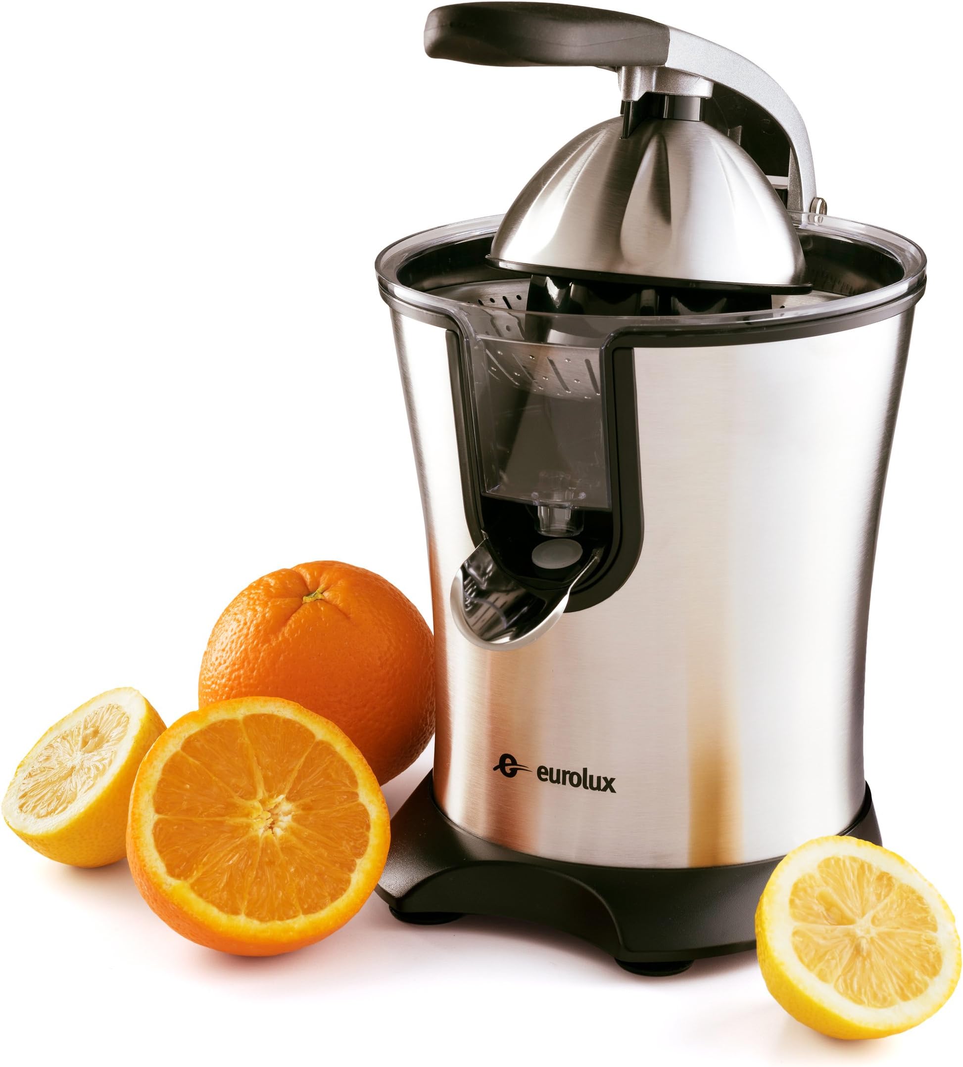 Eurolux Electric Orange Juicer Squeezer Stainless Steel 160 Watts of Power Soft Grip Handle and Cone Lid for Easy Use