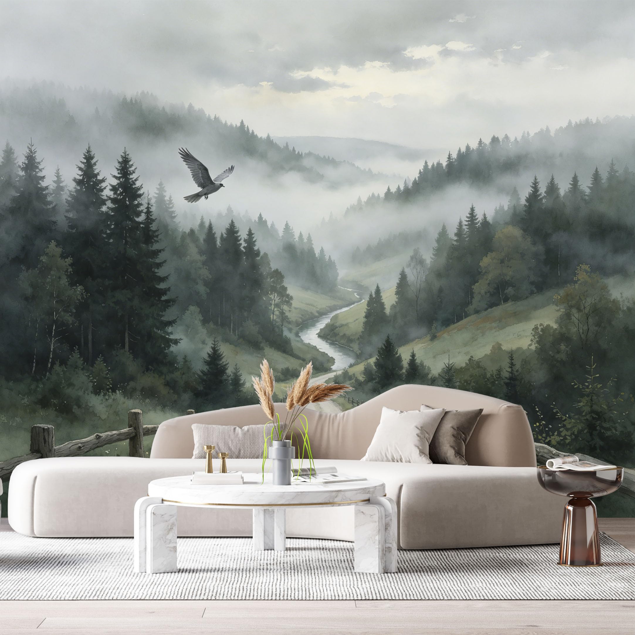 Custom Size Wall Murals Misty Forest River Path Bird Watercolor SelfAdhesive Wall Fabric Removable Large Wallpaper for Photo Living Room Interior Decor Wall Art Mural