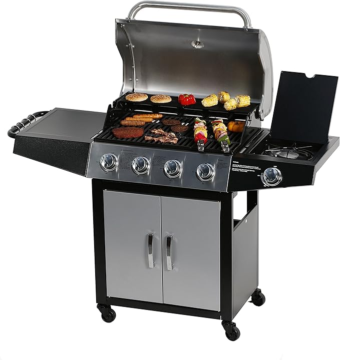 MASTER COOK 4 Burners Gas Grill, 52,000 BTU Cabinet Grill, Propane Grill, with Side Burner, Built with Stainless Steel, Silver&Black