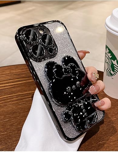 Spevert Funda de lujo con purpurina para iPhone 15 Pro con bonito soporte de conejo, funda con diamantes con purpurina y protección completa del
