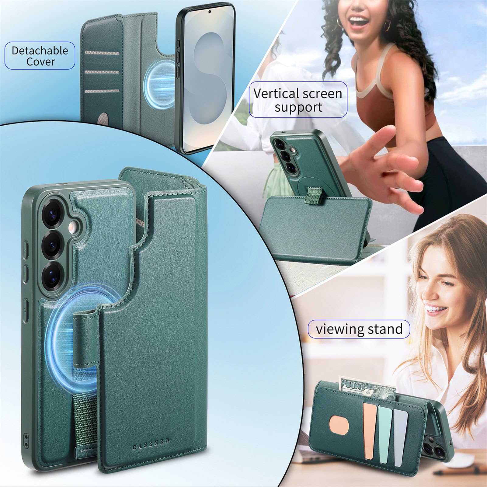 COQUE Samsung Galaxy S26 Plus Magnetic Wallet Case With Elastic Wrist Strap, Zintegrowany uchwyt na karty i regulowany uchwyt, Odporna na wstrząsy osłona ochronna - Zielony