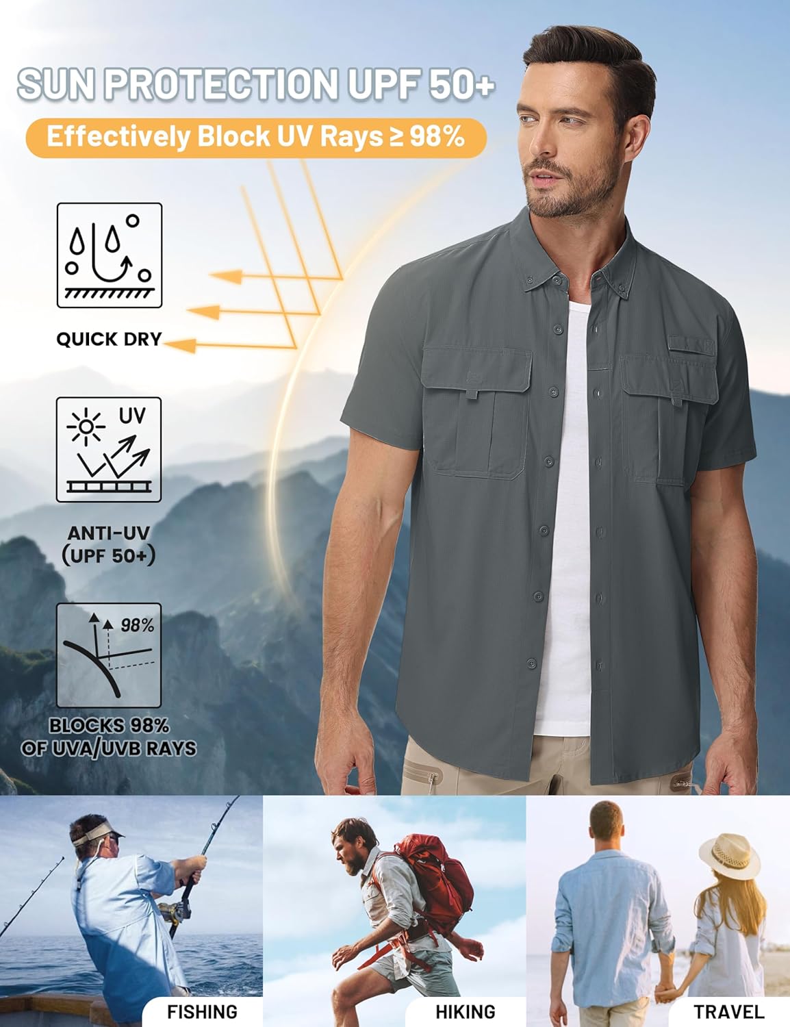 TACVASEN Mens Short Sleeve Sun Protection Shirt UPF 50+ Quick Dry Fishing Cooling UV Shirts Outdoor Tactical Hiking Shirts