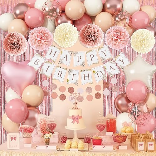 Miniatura 8 de Decoraciones de cumpleaños rosas para mujer, globos de látex bohemios, rosa polvoriento, oro rosa, rubor, beige, pancarta de feliz cumpleaños,
