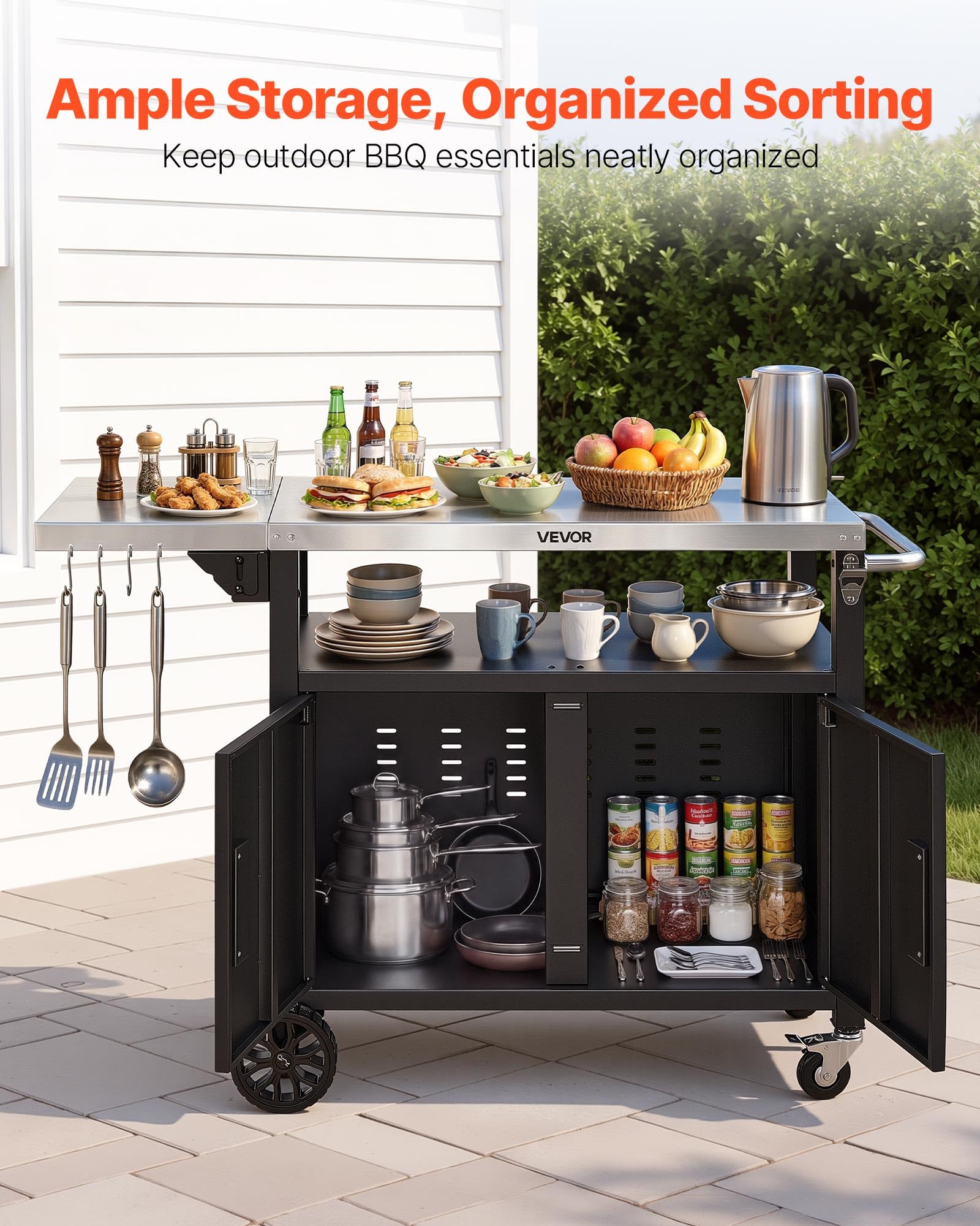VEVOR Carrello per Barbecue da Esterno, Tavolo Carrello Portaoggetti Ripiano Preparazione Piatti Cibi 124 cm, Mobiletto con Ruote Impermeabile da Giardino Cortile Picnic Campeggio Isola Cucina