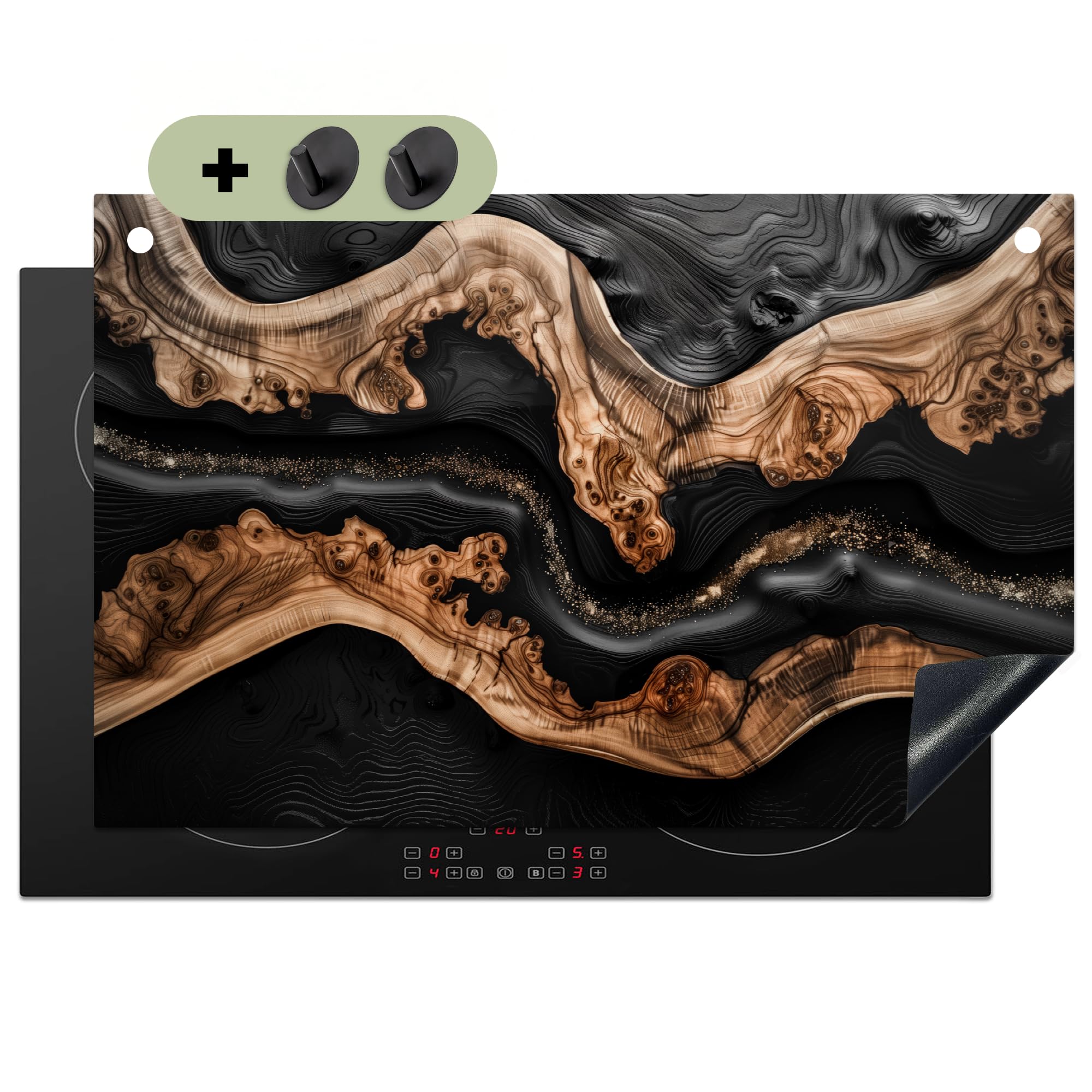 KitchenYeah© Protector Vitroceramica 52x80 cm Tapa para induccion Placa Encimera Cubre de Protectora Cocina, Salpicaduras, Antisalpicaduras Negro - Madera - Resina - Río