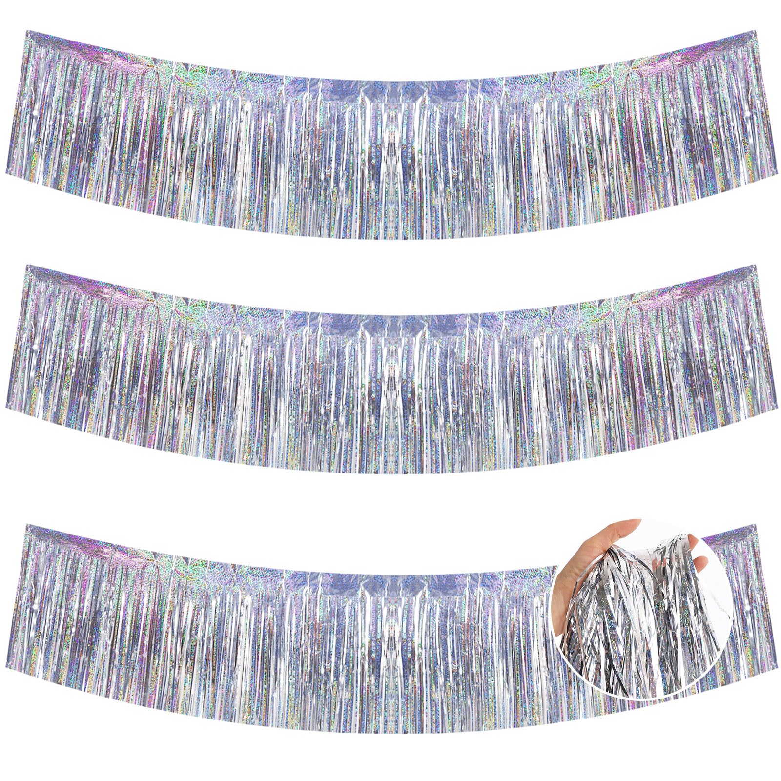 BEISHIDA Laser Silver Fringe Garland Banner 30ft Wall Tinsel Foil Streamers