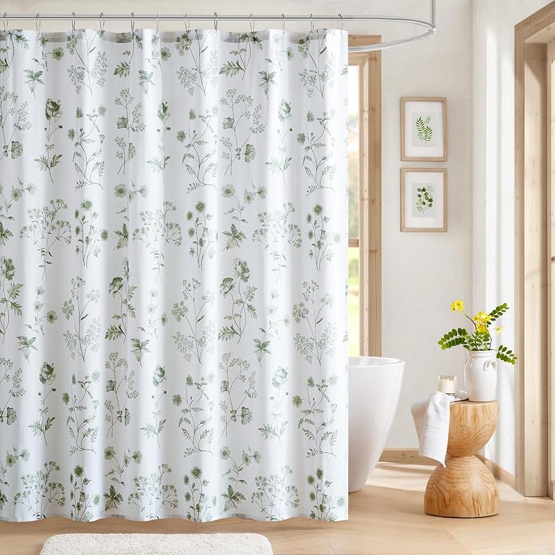 Martha Stewart 100% Cotton Floral Shower Curtain, 72 x 72, Sage Green | Martha's Garden Series, Botanical Floral Print, Spa Quality Modern, Machine Washable, Modern Bathroom Curtains