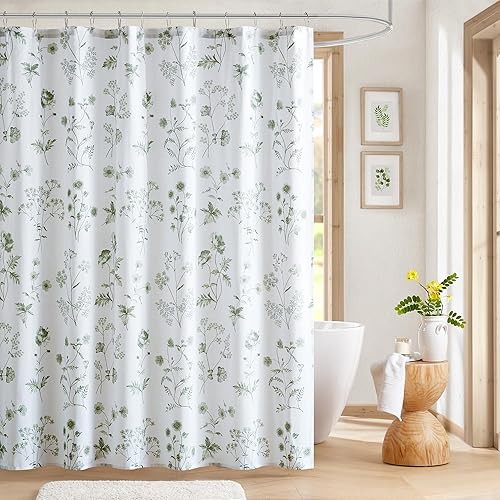 Martha Stewart Martha's Garden Shower Curtain Botanical Floral Print Cotton Shower Curtain for Bathroom, Spa Quality Modern Shower Curtains Standard Size, 72x72 Sage Green