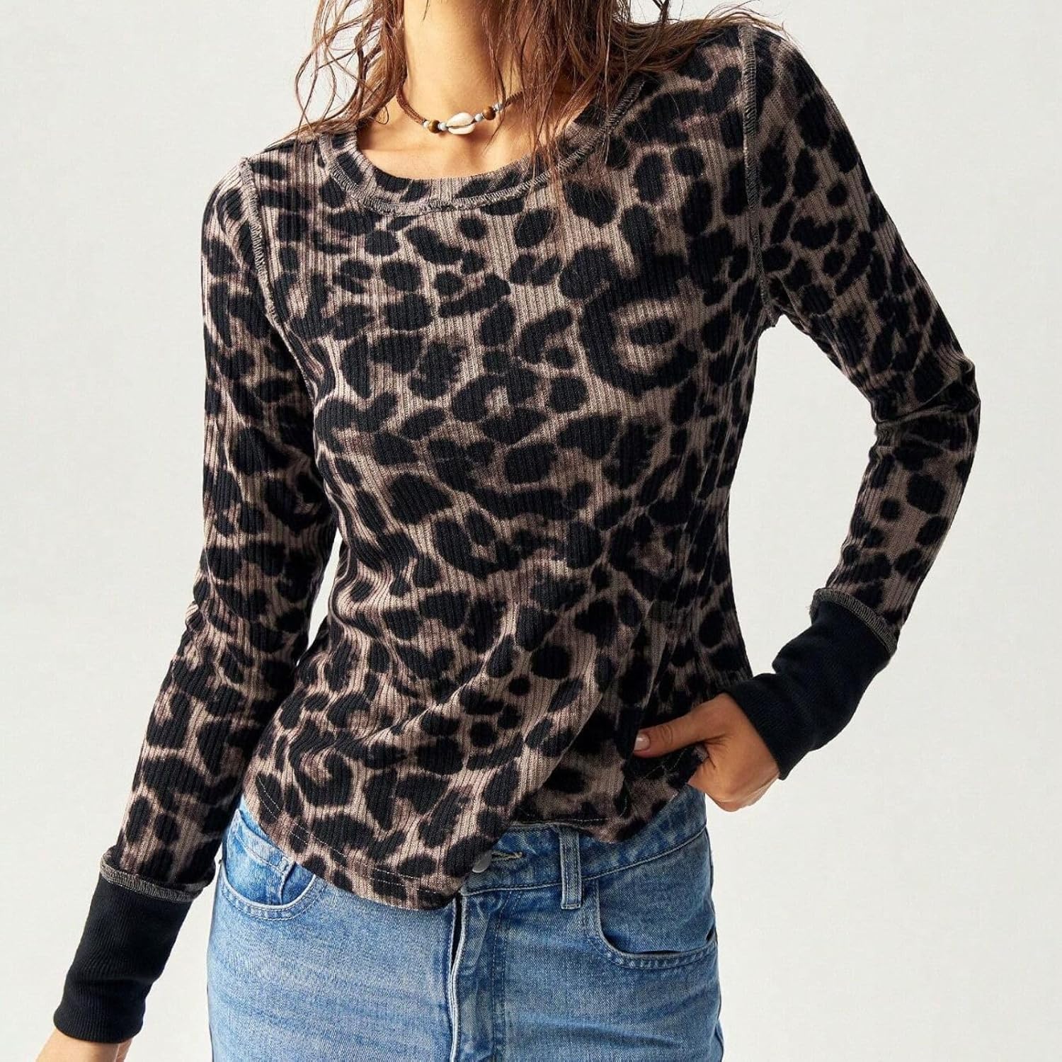 Women Boho Leopard Print Waffle Knit Top Long Sleeve Crew Neck Slim Fit Vintage Cheetah Graphic Thermal T Shirt - Image 3