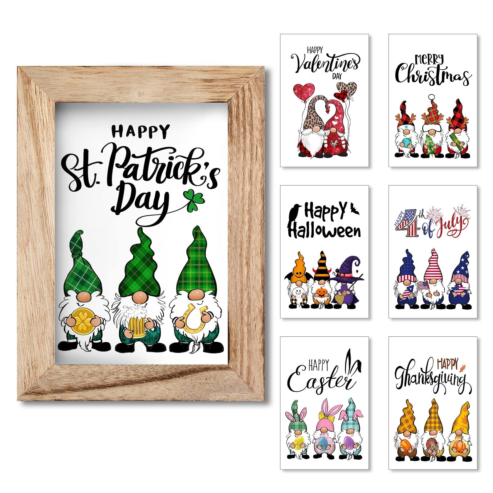 Photo 1 of 1 KINGO St David's Day Decorations Gnomes Pattern Wall Art Rustic Wood Picture Frame with 7 Interchangeable Holiday Posters Modern Home Farmhouse Wall Decor Signs 4 x 6 inch 4"x6" Gnome