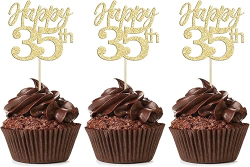 Miniatura 1 de Gyufise 24 piezas de decoración para cupcakes número 35 con purpurina número 35, decoración para cumpleaños 35, boda, aniversario, fiesta,