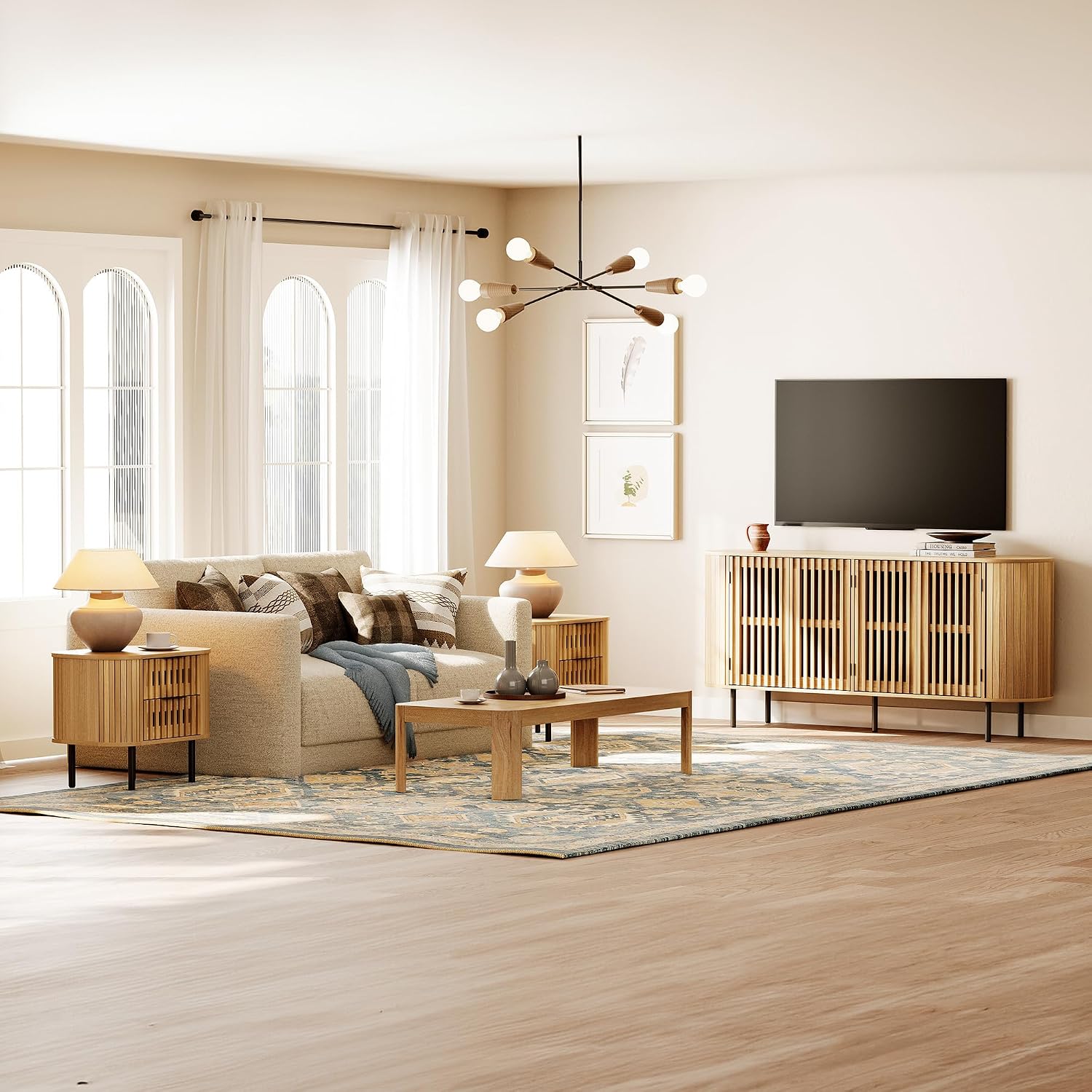 WAMPAT 3 Pieces Bedroom Set, Modern 64" Wide Sideboard and Nightstand Set,Wood Accent Storage TV Cabinet with Curved Design for Bedroom, Natural