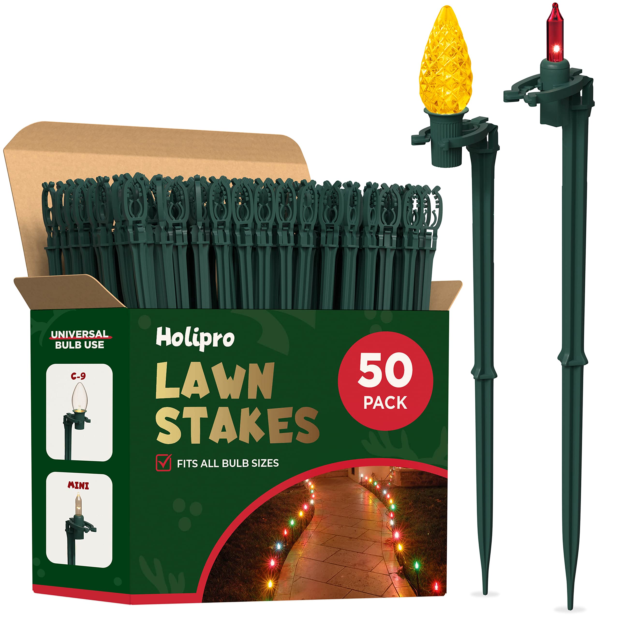 usa made christmas yard stakes [set of 50] - 8.5" tall outdoor light stakes for pathways, driveways