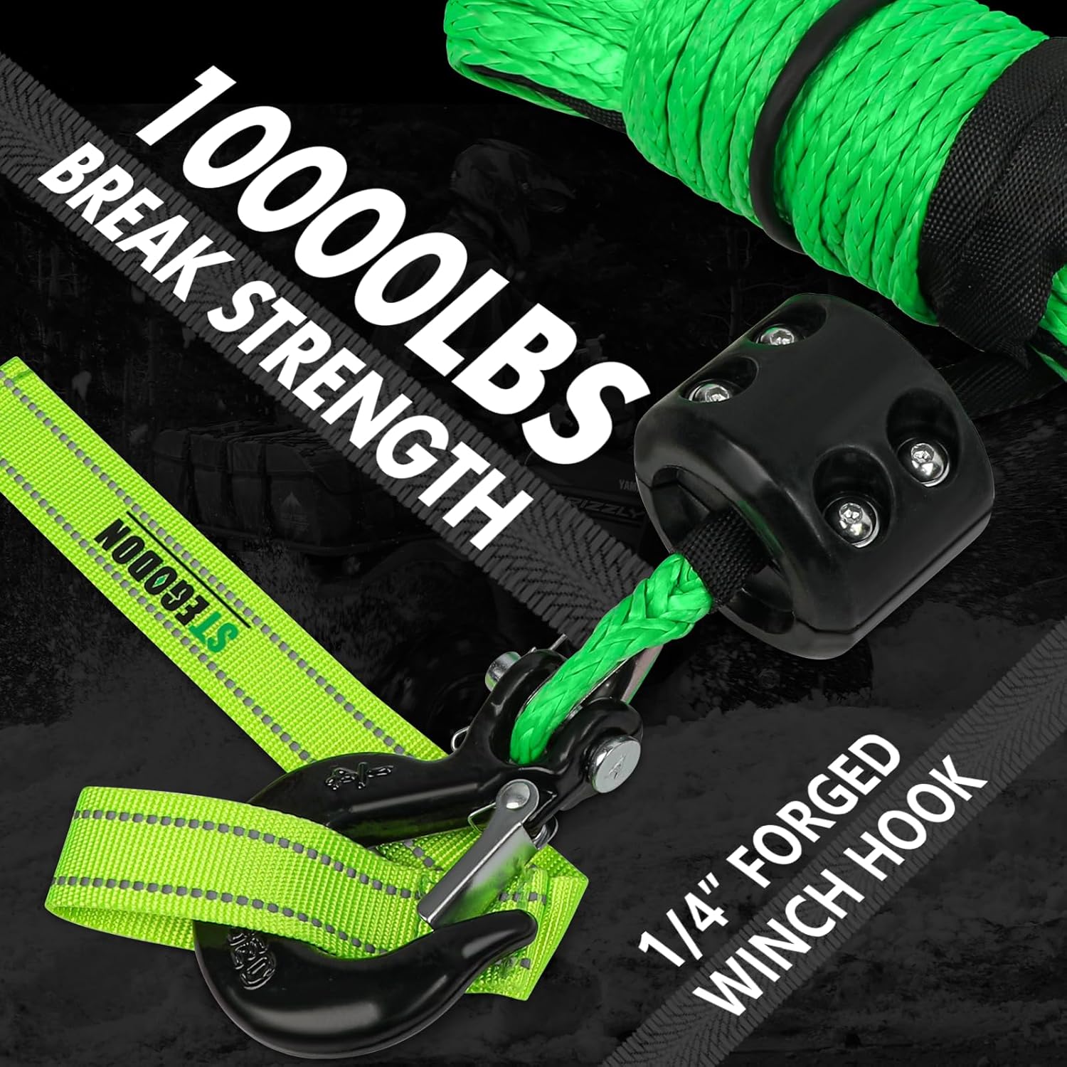 Synthetic Winch Rope, 1/4'' x 50ft 10,000LBS Synthetic Winch Line 1/4 Winch Cable Replacement Synthetic Rope with Forged Winch Hook and Rubber Stopper for 4WD Off Road Vehicle ATV UTV (Green) - Image 2