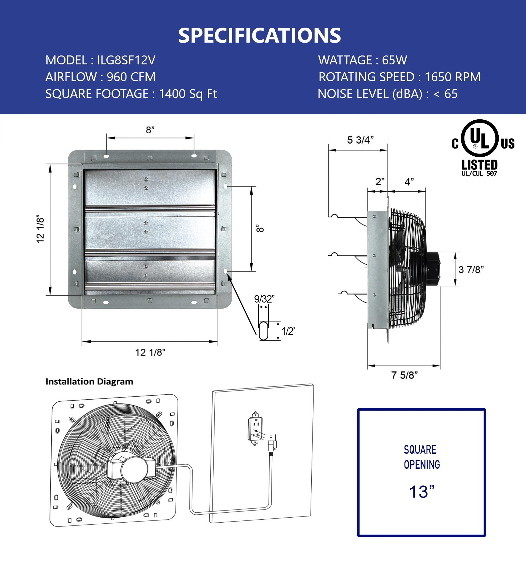 iLIVING ILG8SF12V 12 Ventilateur d'extraction Mural à obturateur Automatique Ventilateur à Vitesse Variable pour Grenier 960 CFM 1400 (Cordon d'alimentation Non Inclus) Argent 12 - Variable
