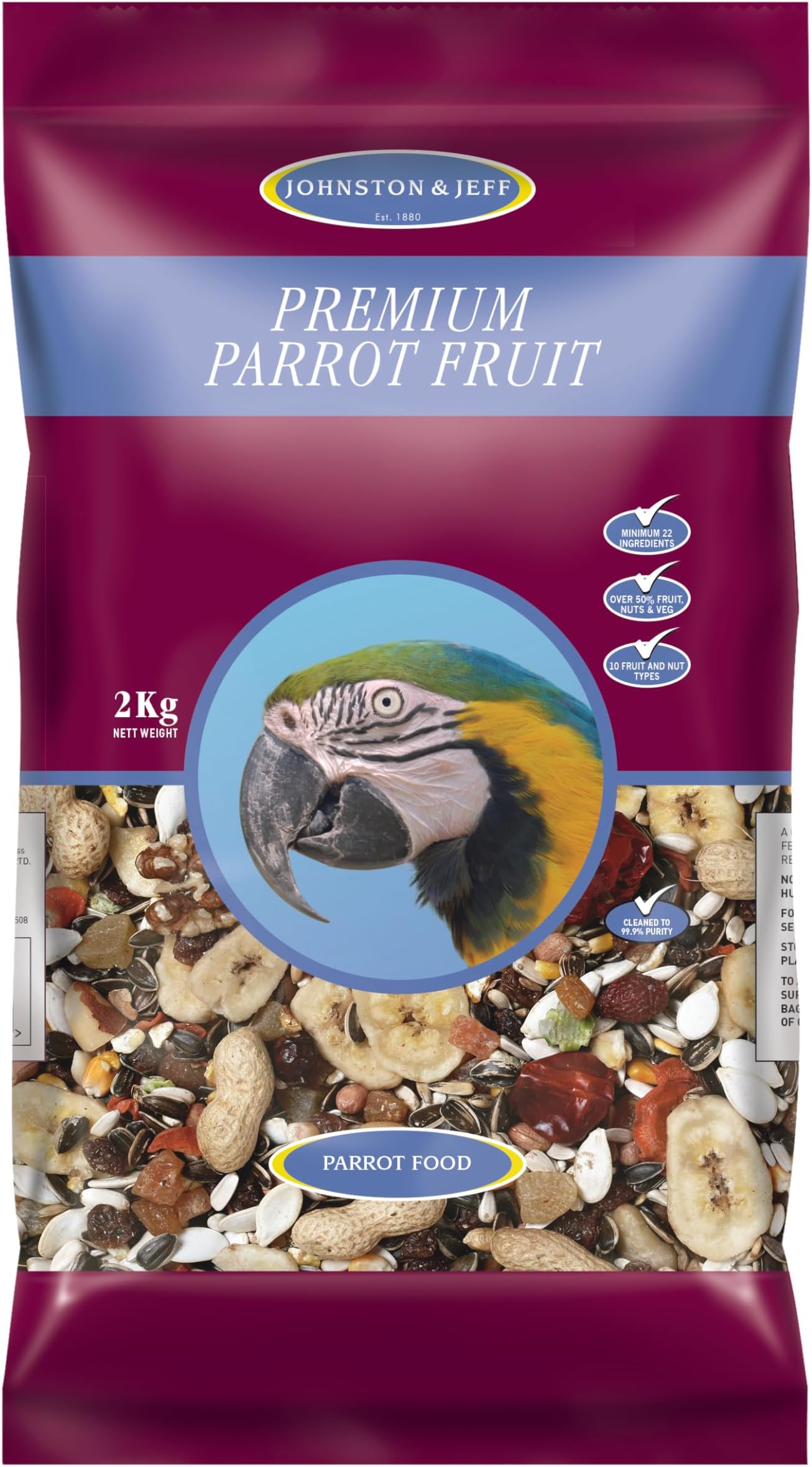 Johnston & Jeff Premium Fruit Parrot Seed 2kg - Mixed Aviary Blend, 22 Ingredients, Fruits, Nuts & Veg