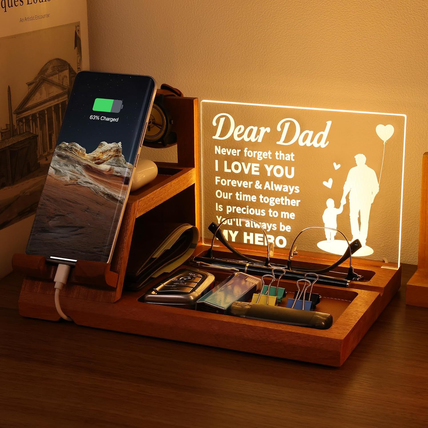 Attivolife Dad Gifts Idea LED Phone Docking Station Desk Organizer, Cell Phone Stand with Night Light, Best Dad Ever Gift for Father's Day, Key Holder, Stand for Wallet Watch Essentials