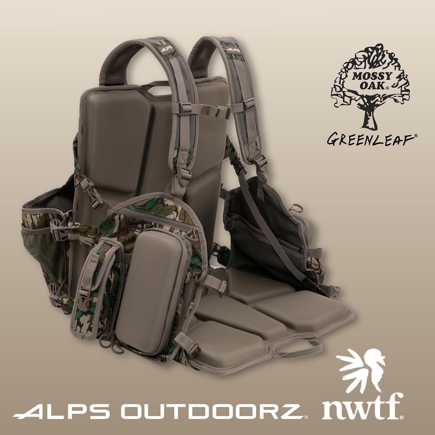 NWTF Impact Pro Turkey Hunting Vest from ALPS OutdoorZ – Mossy Oak Greenleaf Sit-Anywhere Vest with Built-in Seat, MOLLE Storage, XL Game Bag & Organized Pockets for Spring Turkey Hunting