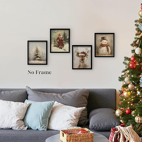Miniatura 2 de QLMX Juego de 4 impresiones artísticas vintage de pino de Navidad, arte de pared de Navidad, arte de pared de invierno, impresiones de renos de Papá