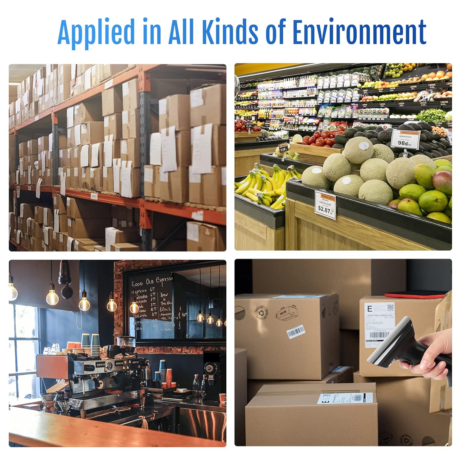 HPRT N80 Barcode Scanner used in various environments like supermarket, hospital, warehouse, and library