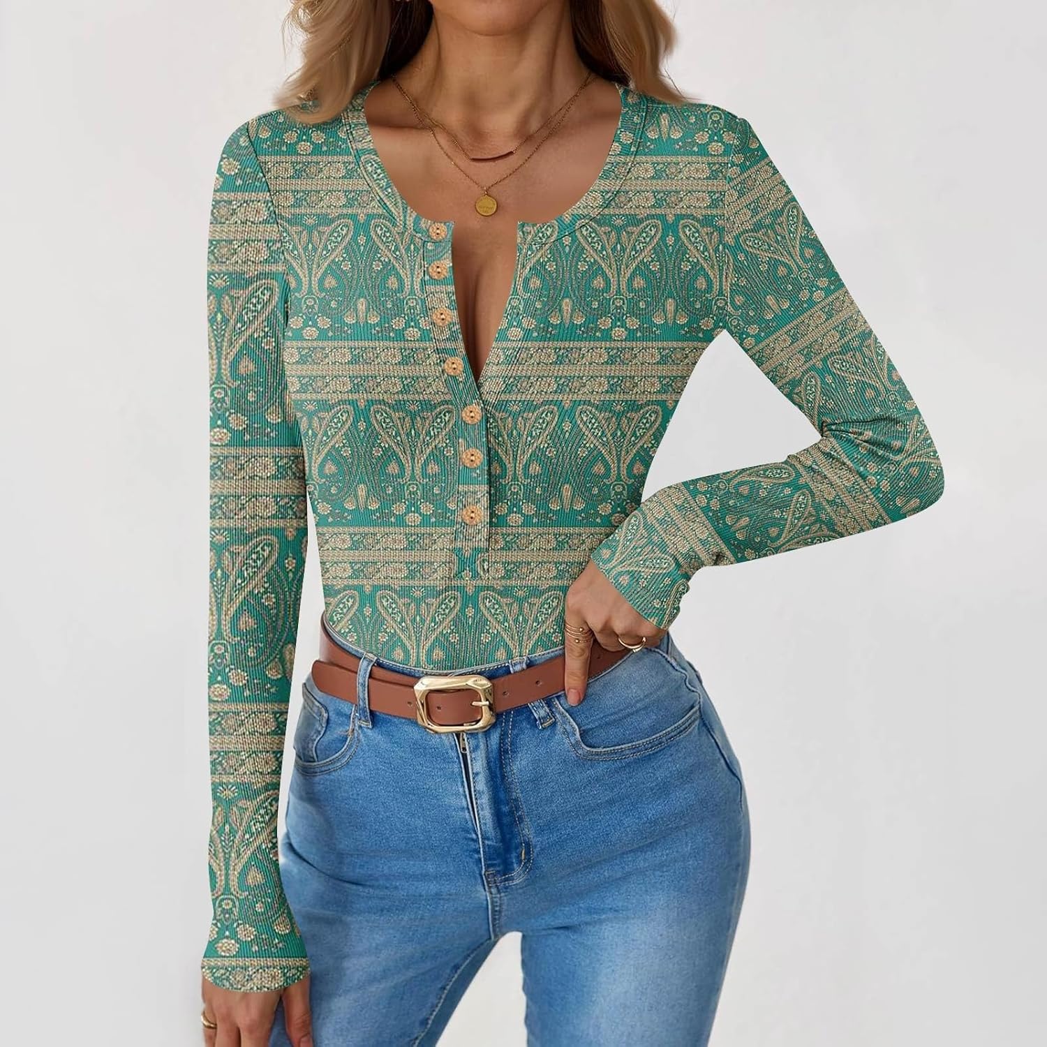 Kenvina Womens Long Sleeve Tops Print Basic Tees Fall Casual Blouse Slim Fit Henley T Shirts Button Trendy Outfits Clothes - Image 4