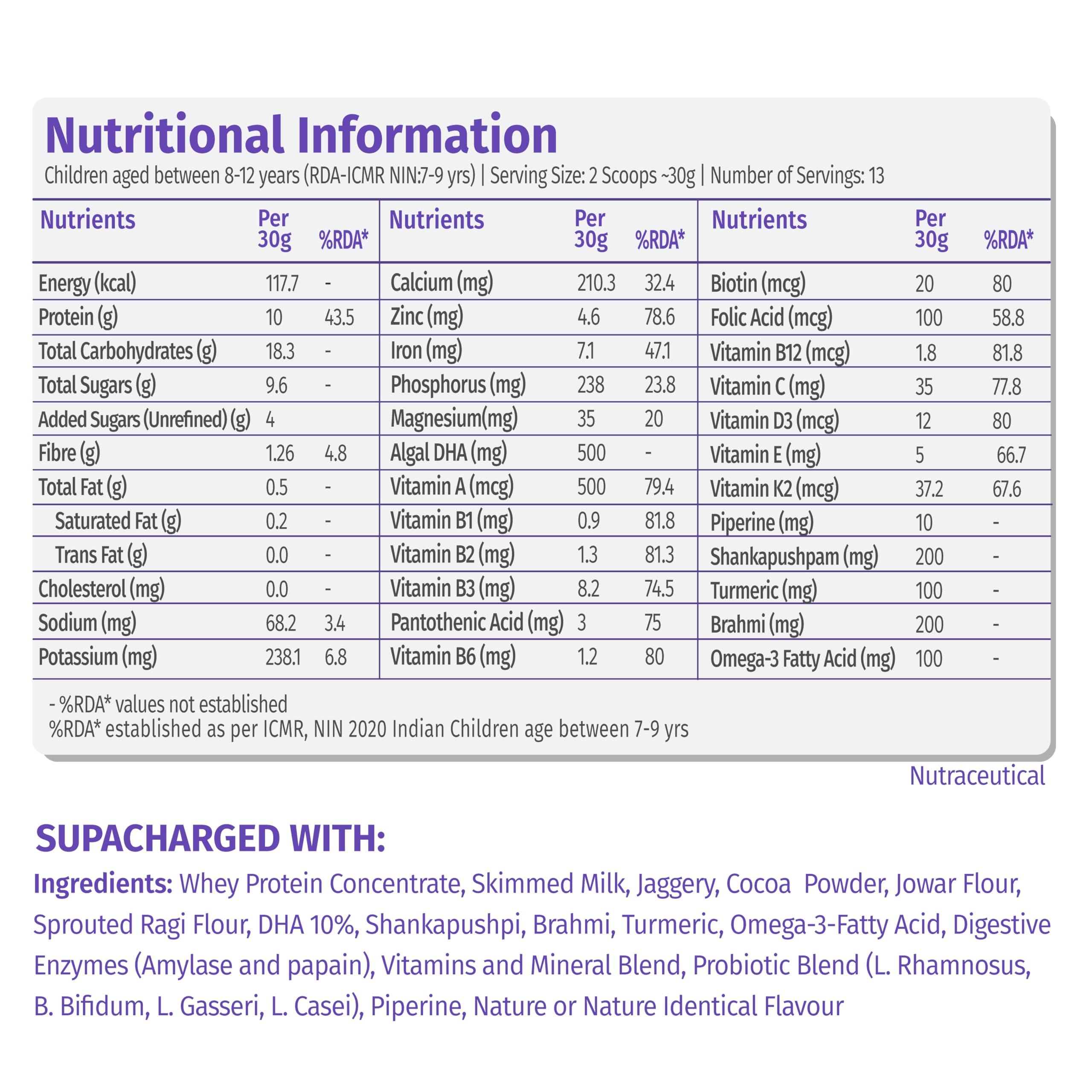 Supafuelz Power Shake 3–7 yrs + 8-12 yrs kids(2 x 400g) | Combo Pack | Height & Strength Drink | High Protein, 33 Nutrients, Probiotics & Ayurvedic Actives | Daily Nutrition Drink supports Height, Strength & Focus | Chocolate 800g | Safe Nutrition Drink For Kids — Amazon image 7