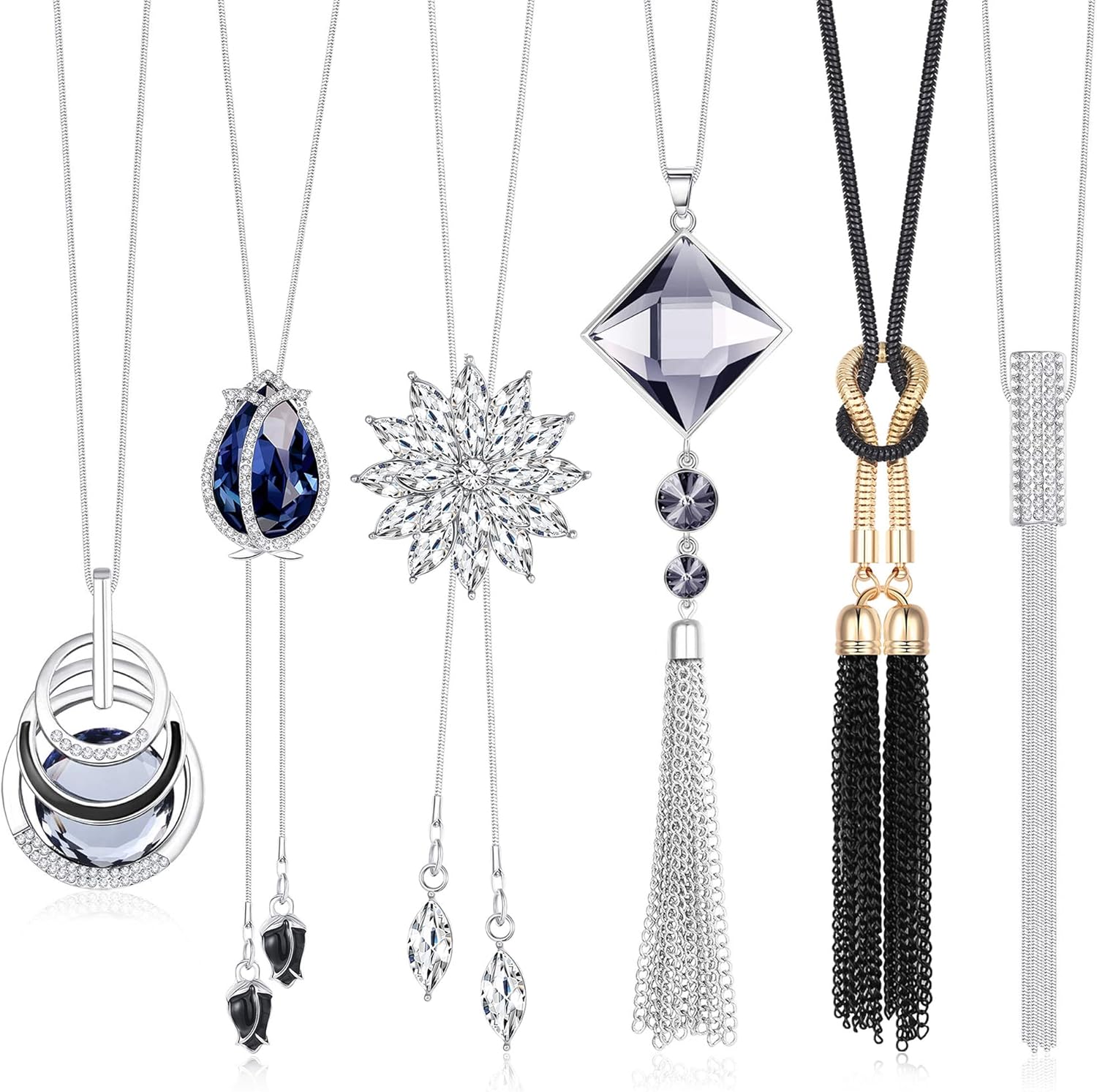 Sanfenly Pendant Long Necklace for Women Elegant Crystal Rhinestone Flower Lotus Butterfly Tulip Maple Leaf Black Rose Silver Gold Sweater Chain Statement Necklace