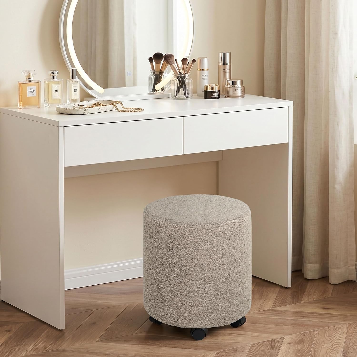 Get Set Style Ottoman with Wheels, Rolling Vanity Stool for Makeup, Upholstered Vanity Rolling Chair Footrest Round Ottoman Foot Stool for Living Room, Bedroom