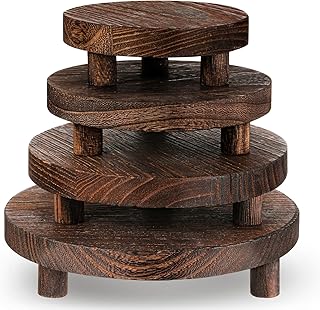 4 Pcs Round Wood Risers Display Stands Wooden Risers for Table Display Mini Riser Stand Rustic Wooden Riser Holder Tiered Tray for Home Decor Kitchen Counter 4 Sizes Brown