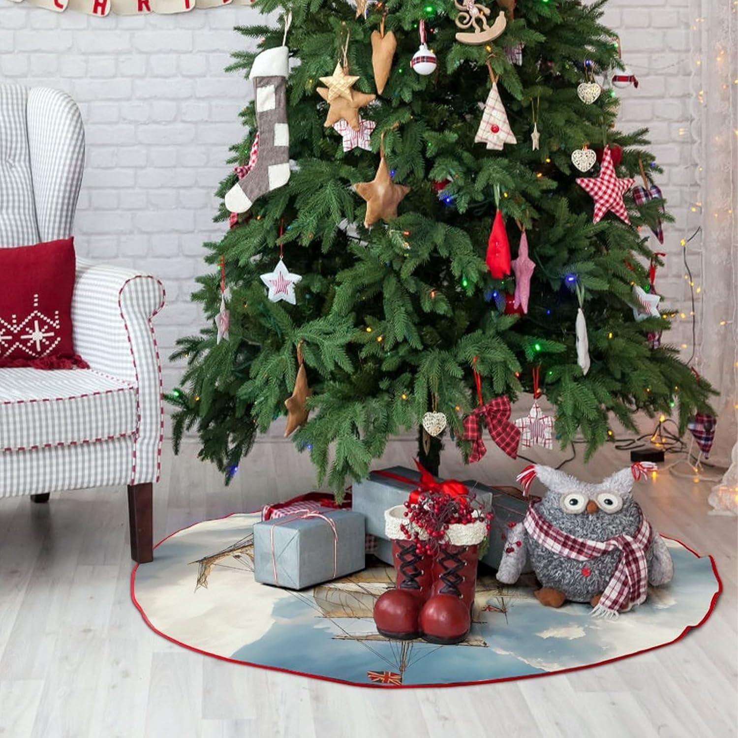 Beach Sea Sailing Boat Christmas Tree Skirt Ornaments Christmas Tree Mat for Home Party Holiday Decorations