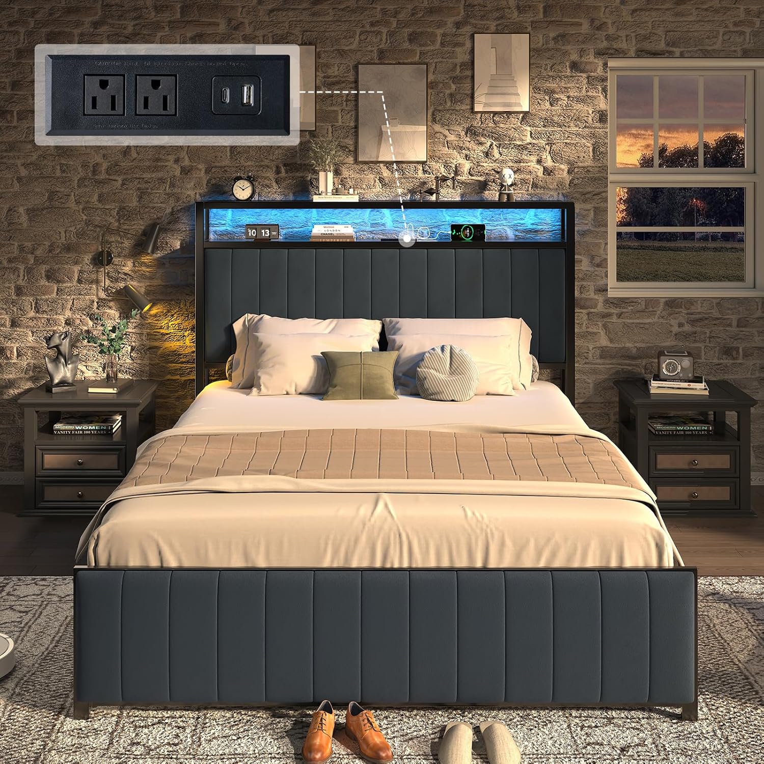 AMERLIFE Queen Padded Bed Frame with Foldable Ottoman, Velvet Upholstered Headboard with LED Lights, Charging Station and Storage Shelves, No Box Springing Needed, Noisy Free, Gray