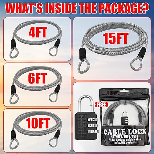 Miniatura 4 de Cerraduras de cable de 4 pies6 pies10 pies15 pies con combinación de cable de seguridad de 18 pulgadas con bucles para valla, equipaje, gimnasio,