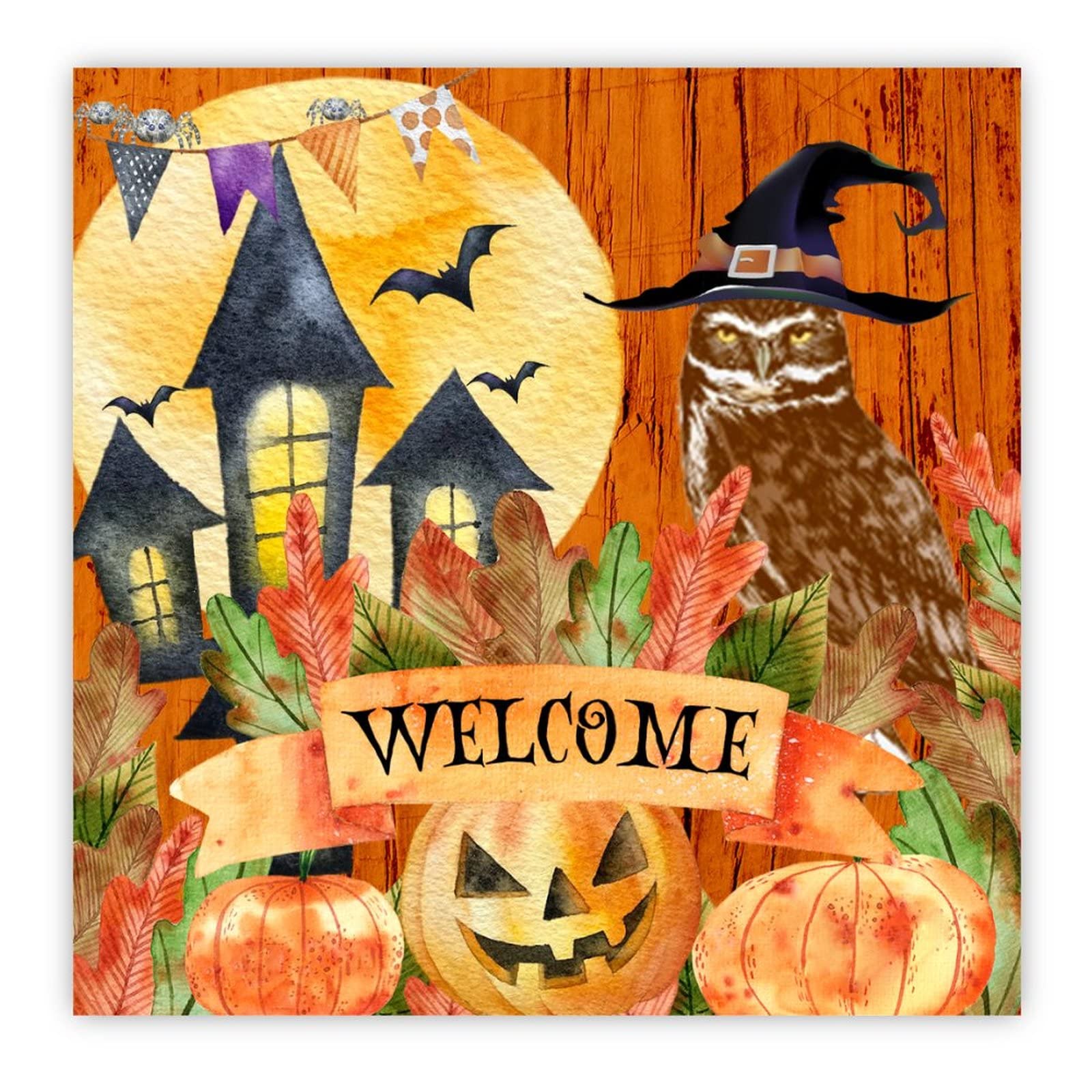 Citrouille Welcome Halloween panneau bois motif château hibou