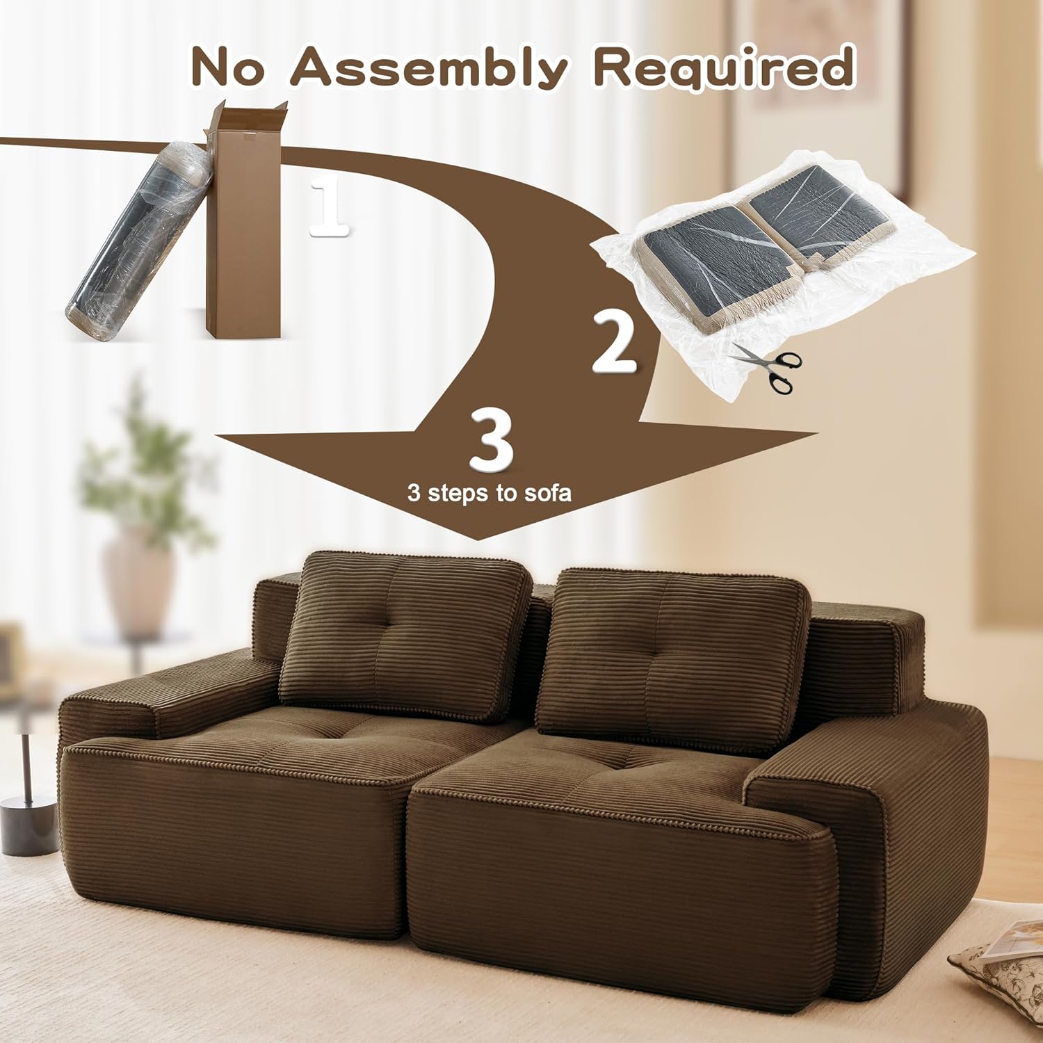 81.8” Modern Cloud Loveseat Sofa, Comfy 2-Seater Boneless Couch for Bedroom, Small Modular Sectional Sofa with Deep Seat, Corduroy Upholstered Couches for Living Room, Apartment, Brown